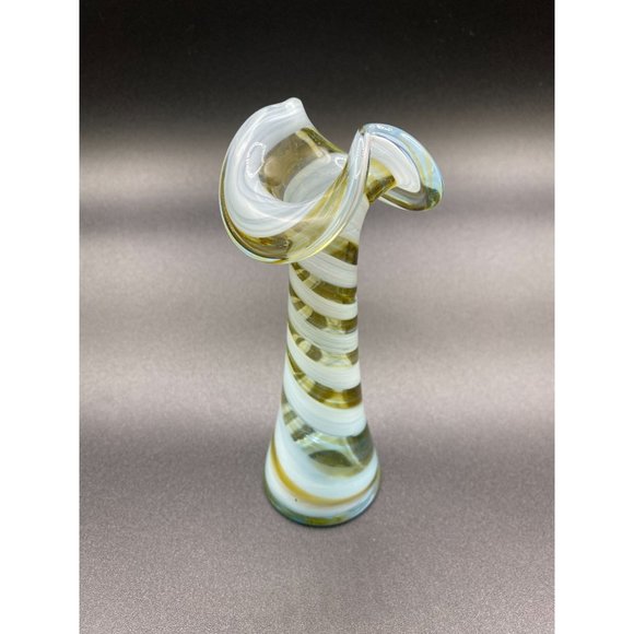 Blue Yellow and Clear Striped Art Glass Calla Lily Swirl Vase - 6.50 Tall - Picture 1 of 9